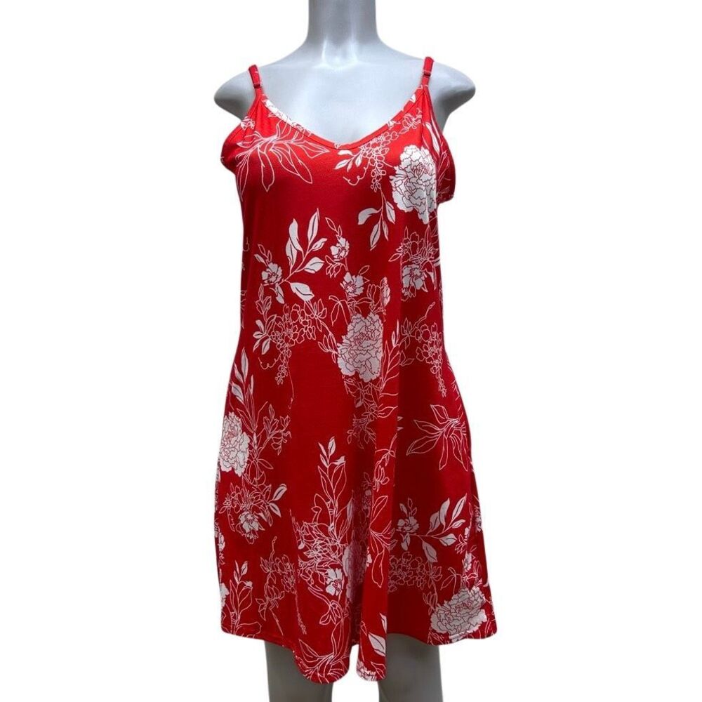 Summer Slip Swing Dress Women's Large Red Floral Spaghetti Strap V-neck Mini